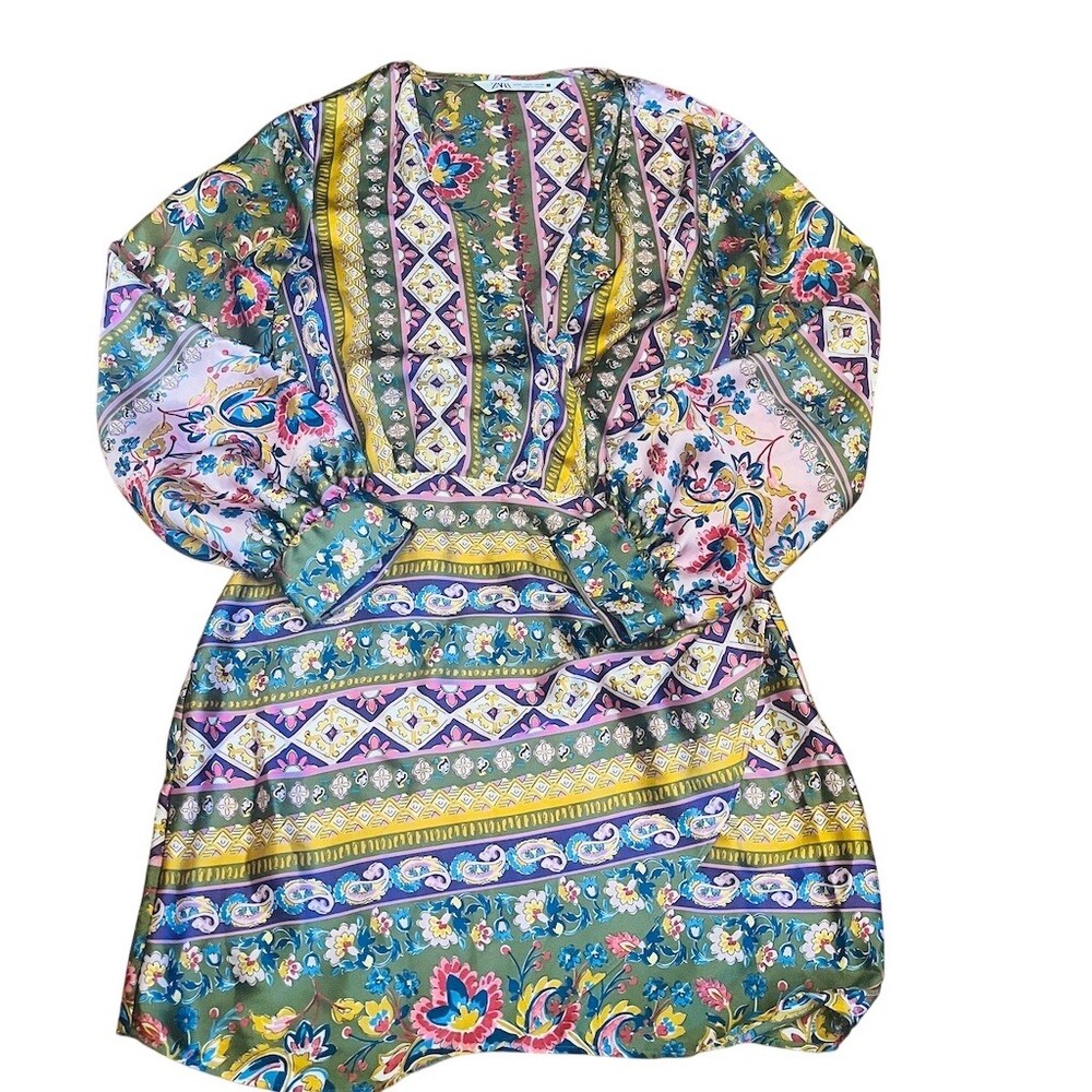 ZARA Mini Dress Tunic Womens Size S Multicolor Boho Floral Patchwork LS